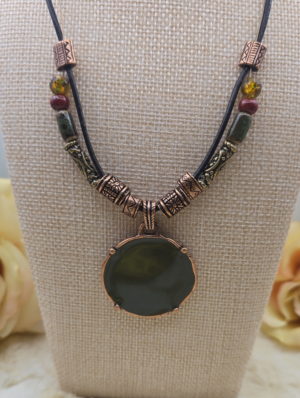 Chico's Boho Copper Round Pendant Cord Necklace Multi Bead